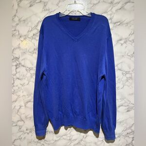 Zara Man Sweater Large Blue Fine Cotton V-neck Longsleeve Bulgaria